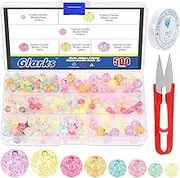 Glarks 502Pcs Crackle Glass Beads with Elastic String and Scissors Kit, 6mm 8mm 10mm 12mm Colored Acrylic Crystal Beads Round Loose Beads Charms for Bracelets Necklace Beading Jewelry Making
