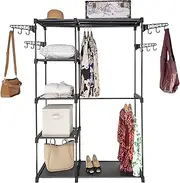 SORTI 6 Tiers Wire Shelving Clothing Garment Racks, with 2 Hanging Rods, Freestanding Portable Closet Metal Wardrobe, 4 Height adjustable side hooks, Clothes Rack, Shoe Hat Storage