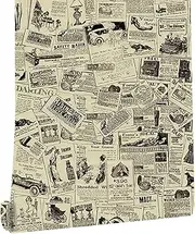 [JLHOUSE] AU11206 Peel and Stick Newspaper Wallpaper Removable Self Adhesive Wallpaper Beige Contact Paper Vinyl Film Decorative Shelf Drawer Liner Roll Waterproof 45cm x 300cm/Roll