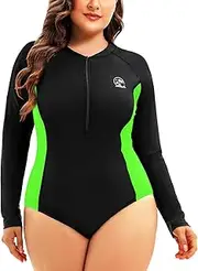 [Holipick] Plus Size One Piece Rash Guard for Women Long Sleeve Swimsuit Zipper UPF 50+ Surfing Bathing Suit