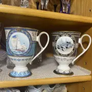 Tea Cup Set, Sailing Ship And Classic Car Design, Ceramic, Noritake