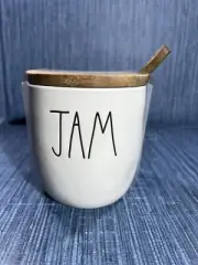 Rae Dunn JAM Jar With Wooden Lid & Spoon Ivory Ceramic Brand New Fast Shipping