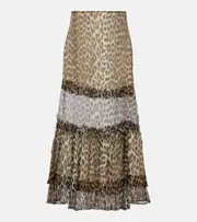 [Ganni] Ganni Leopard-print ruffled chiffon maxi skirt AU 16 brown