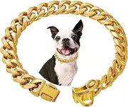 Stainless Steel Silver Gold Dog Collars with Safety Buckle Lock,18K Cuban Link Chain Training Collar,15MM Strong Dog Necklace Heavy Duty Chew Proof for Small Medium Large Dog