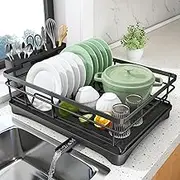 Dish Drying Rack, XICEN Stainless Steel Dish Rack for Kitchen Counter, Large Capacity Dish Drainer with Cutlery Holder, Kitchen Organizer for Dishes, Spoons and Forks, Black