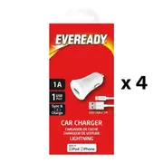 4x Eveready Car Charger 1A with iPhone (Lightning) Cable White