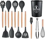 12pcs Cooking Utensils Set Utensil Sets Heat Resistant Kitchen Utensils Set Wooden Handles, Silicone Utensils for Cooking w Holder for Non-Stick Cookware BPA Free (Black)