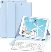 GKABXY Keyboard for iPad 9th Generation 2021 / iPad 8th Gen 2020 / iPad 7th Gen 2019 Case with Pencil Holder, Magnetically Detachable Wireless Bluetooth Keyboard Case for iPad 10.2 inch, Sky Blue