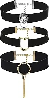 [OIDEA] Women's Choker Black Collar: 3 Pieces Wide Sexy Velvet Leather Choker with Heart Tassel Lion Head Pendant Jewellery Suitable for Women Girls Halloween Birthday Party, Leather