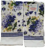 Set of 2 Same Printed Kitchen Terry Towels(15"x25") BLUE,TAN & YELLOW FLOWERS,AM