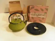 Hues N Brews GREEN cast iron Teapot With trivet NIB