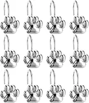 JUXYES Pack of 12 Cat Paw Print Decorative Shower Curtain Hook, Footprints Roller Glide Shower Curtain Hooks Polished Chrome Shower Rings for Bathroom Shower Curtain Rod