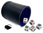 16mm Poker Dice White Clubs Ace + Pouch + Black PU Leather Cup Blue Felt Lined