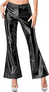 [Sinleey] Womens Shiny Metallic Disco Pants Mid Waist Bell Bottom Flared Trousers Dancing Party Wear