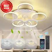 Modern Low Profile Ceiling Fan with Lights, 6-Ring Dimmable LED Flush Mount, Whi