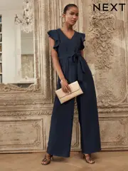 Navy Blue Occasion Flutter Sleeve Tie Waist Jumpsuit (AW9255) | $94