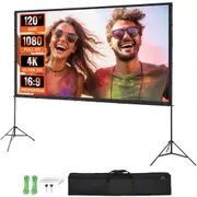 Projector Screen with Stand, 120 inch 16:9 4K 1080 HD Outdoor Movie Screen with Stand, Wrinkle-Free Projection Screen with Tripods and Carry Bag, for Home Theater Cinema Backyard Movie