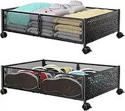 Under Bed Storage Containers with Wheels, Under Bed Shoe Storage Organizer Drawer, Tool-free Assembly Metal Storage Containers for Bedroom Clothes Shoes Blankets -2PCK
