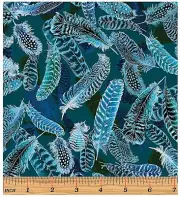 Gilded Feathers: Peacock Blue Feathers-Benartex Sold By the Yard
