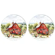 2PK LMD Country Life Ceramic Surface Protector Trivet Decor Round 25cm Red Truck