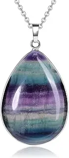 [Jovivi] Rainbow Fluorite Crystal Teardrop Pendant Necklace Natural Healing Stone Reiki Quartz Gemstone Necklace Jewelry for Women Men