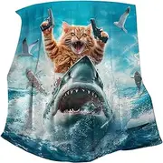 Cat Riding Shark Blanket, Funny Cat Shark Blanket - Cat Riding Shark on Sea Soft Lightweight Blanket, Home Decoration for Sofa, Couch, Chair, Large Duvets for Travel Picnics
