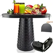 Portable Folding Table and Stool 2 in 1, Lightweight Collapsible Table for Camping, Picnic, Beach, Party, Black, Round, Modern, Adjustable Height, 27 x 18.2 x 15 inches
