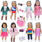 ebuddy Doll Clothes and Accessories 8 Sets Outfit with Shoes Backpack Glasses Camera Pad for 18 inch Our Generation Doll,18 inch Girl Doll,Most 18 Inch Dolls(Doll not Include)