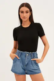 Blue Paperbag Denim Shorts High Rise - Size 10, Women's Relaxed Short