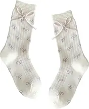 [Generic] 1 Pair Bow Socks Fashion Cute Cotton Crew Socks Casual Calf Sock for Women Daily Supplies, White, One Size