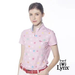 【Lynx Golf】女款吸排涼感山貓小花點點圖樣後領包邊帶設計短袖立領POLO衫/高爾夫球衫(粉紅色)