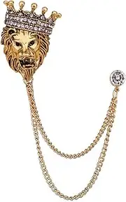 [Uarein] Retro Leopard Head Chain Brooch. Lion Head Crystal Crown Tassel Chain Brooch Pin, Cool Animal Head Collar Tassel Suit Pin for Men Shirt Pin Corsage