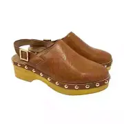 Kelsi Dagger Warehouse Peanut Tan Brown Leather Slingback Wooden Clogs size 10