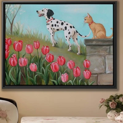 Dalmatian Dog and Ginger Cat Tulip Canvas Spring Garden Wall Art Print Decor