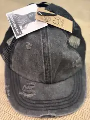 C.C Exclusives Gray Distressed Criss Cross Back Ponytail Hat