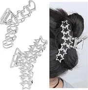 Silver Star Claw Clip, 2 Pcs Portable Metal Claw Clips Metal Hair Clips of Different Style for Women Heart Y2K Hair Clip for Thick and Thin Hairs