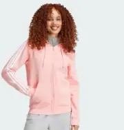 Adidas Women Essentials 3-Stripes Full-Zip Fleece Hoodie Pink Size Large