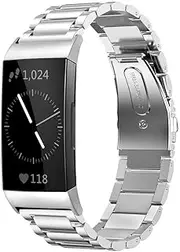 Shangpule Compatible for Fitbit Charge 3 & Charge3 SE Bands, Stainless Steel Metal Replacement Strap Bracelet Wrist Band Accessories Women Man Large Small (Silver)