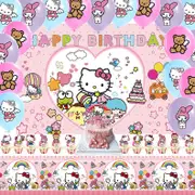 Hello Kitty Theme Party Decorating Set - Birthday Backdrop Balloons Cake Cupcake Toppers Tablecloth