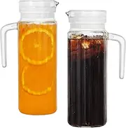 Glass Water Jug for Fridge, LIMILI 2 Pack (1.1 Litre) Water Jugs with Lids with Ribbed Design & Spill-Free Spout, Transparent Pitcher Jug for Hot/Cold Water Ice Tea Coffee Milk & Juice