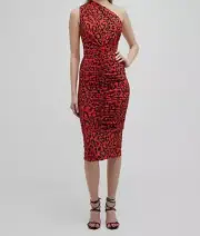$2595 Dolce & Gabbana Womens Red Ruched Leopard-Print One Shoulder Dress Size 36