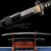 T10 Steel Clay Tempered 皆烧 Sword Japanese Wakizashi Black Brass Tsuba Full Tang