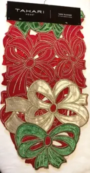 TAHARI HOME TABLE RUNNER BOWS RED GREEN GOLD 14 X 54 100% POLYESTER NWT