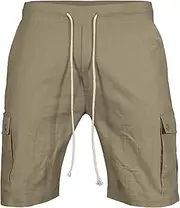 [PHJTOMK] Men's 9" Elastic Waistband Cargo Linen Short with Drawstring Relaxed Fit Multi-Pockets Short Beach Cargos Shorts, Yellow, Small