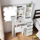 Dressing Table Stool Set With Slide Mirror & 10 LED Bulbs 6 Drawers Makeup Desk