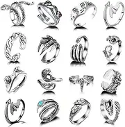 [Zalizr] 16 Pcs Animal Open Rings for Women Men Girls, Vintage Frog/Dragon/Snake/Eagle Knuckle Stacking Ring Set, Boho Gothic Punk Finger Rings, Adjustable Open Punk Rings for Men Women