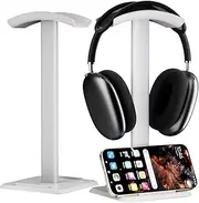 NQQNQQ 【1PACK】 2-in-1 Headphone Stand & Phone Holder – Aluminum Hanger, Plastic Headrest, Compatible with AirPods Max, Bose, Beats & More. TE-S (White)