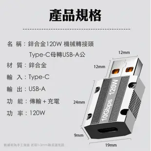 【SHOWHAN】鋅合金120W 機械轉接頭Type-C母轉USB-A公