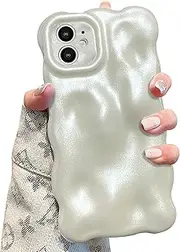 [UEEBAI] Case for iPhone 12 6.1 inch, Cute Solid Color Curly Wave Shape Shockproof Soft Bumper Phone Case, Candy Water Ripple 3D Silicon Slim Pretty Case Aesthetic Cover, Pearl White