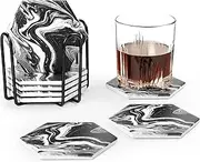 Coasters for Drinks, Black Marble Ceramic Hexagon Coaster Set with Metal Holder, Set of 8 Absorbent Cup Place Mats for Home Decor
